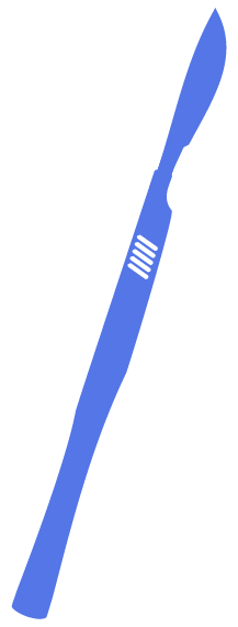 white icon of scalpel tilted at angle as though it is a slash punctuation